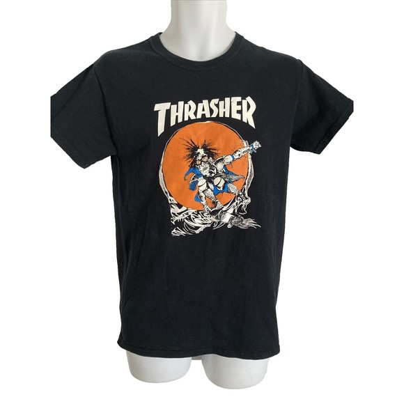 Thrasher Magazine Pushead SKATE OUTLAW LOGO Skateboard T Shirt Size S BLACK EUC - Picture 2 of 10